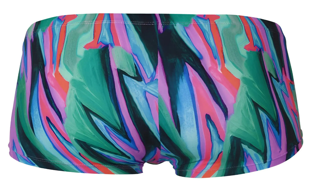 Vibrant pikante pik 1828 abstract trunks in bold green with dynamic brushstroke pattern swim shorts for beachwear