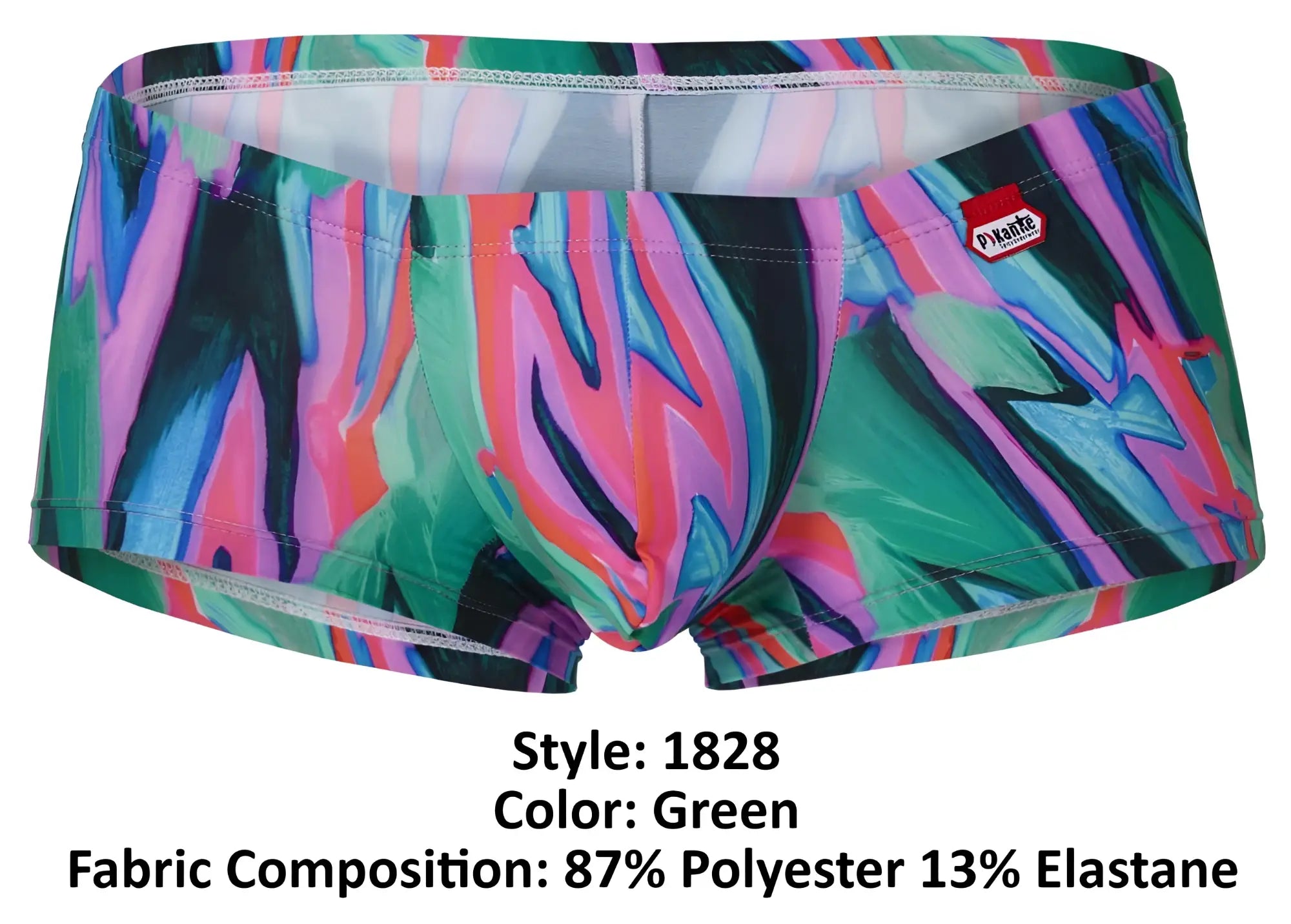 Vibrant green pikante PIK 1828 abstract trunks with bold pink blue and teal swirl pattern for swimwear use