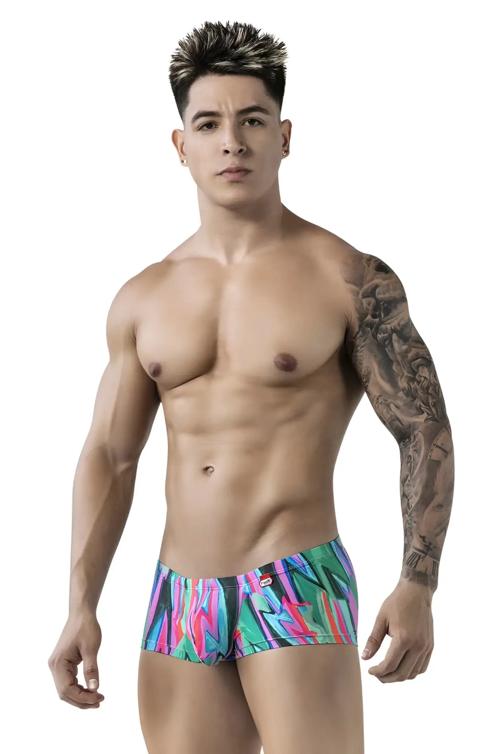 Vibrant tropical print swim trunks in bold pink green and blue hues from pikante piks 1828 abstract trunks color green collection