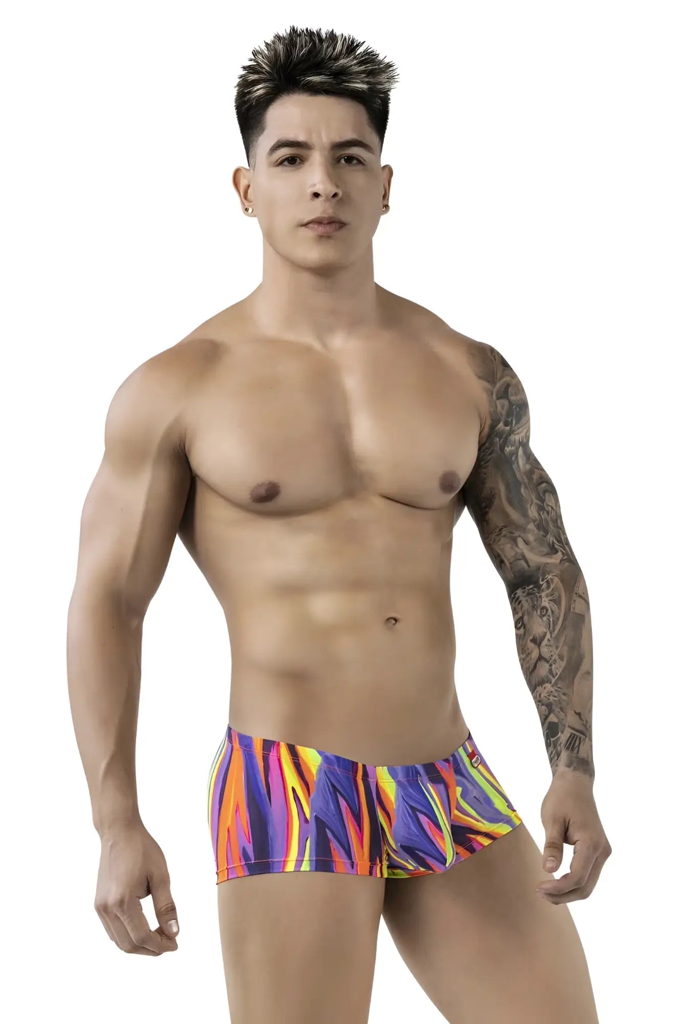Pikale pik 1828 abstract trunks vibrant flame-patterned men’s briefs in bold purple orange and yellow colors