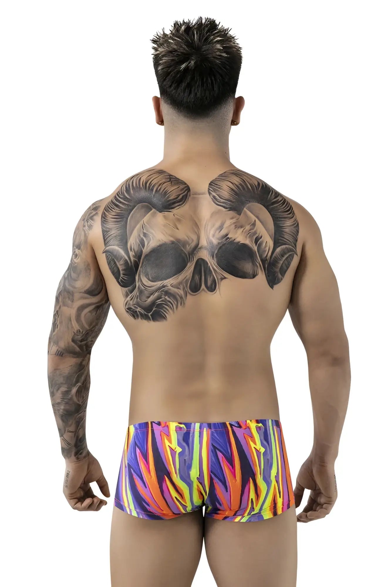 Vibrant flame-patterned pikante pik 1828 swim trunks in purple orange yellow and blue for active beachwear