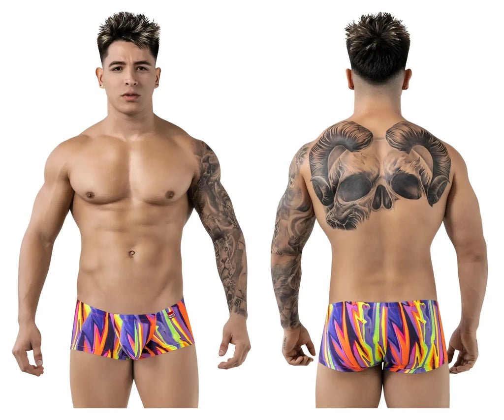 Vibrant pikante pik 1828 abstract trunks color purple featuring multicolored flame pattern in bold neon hues