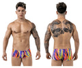 Vibrant pikante pik 1828 abstract trunks color purple featuring multicolored flame pattern in bold neon hues
