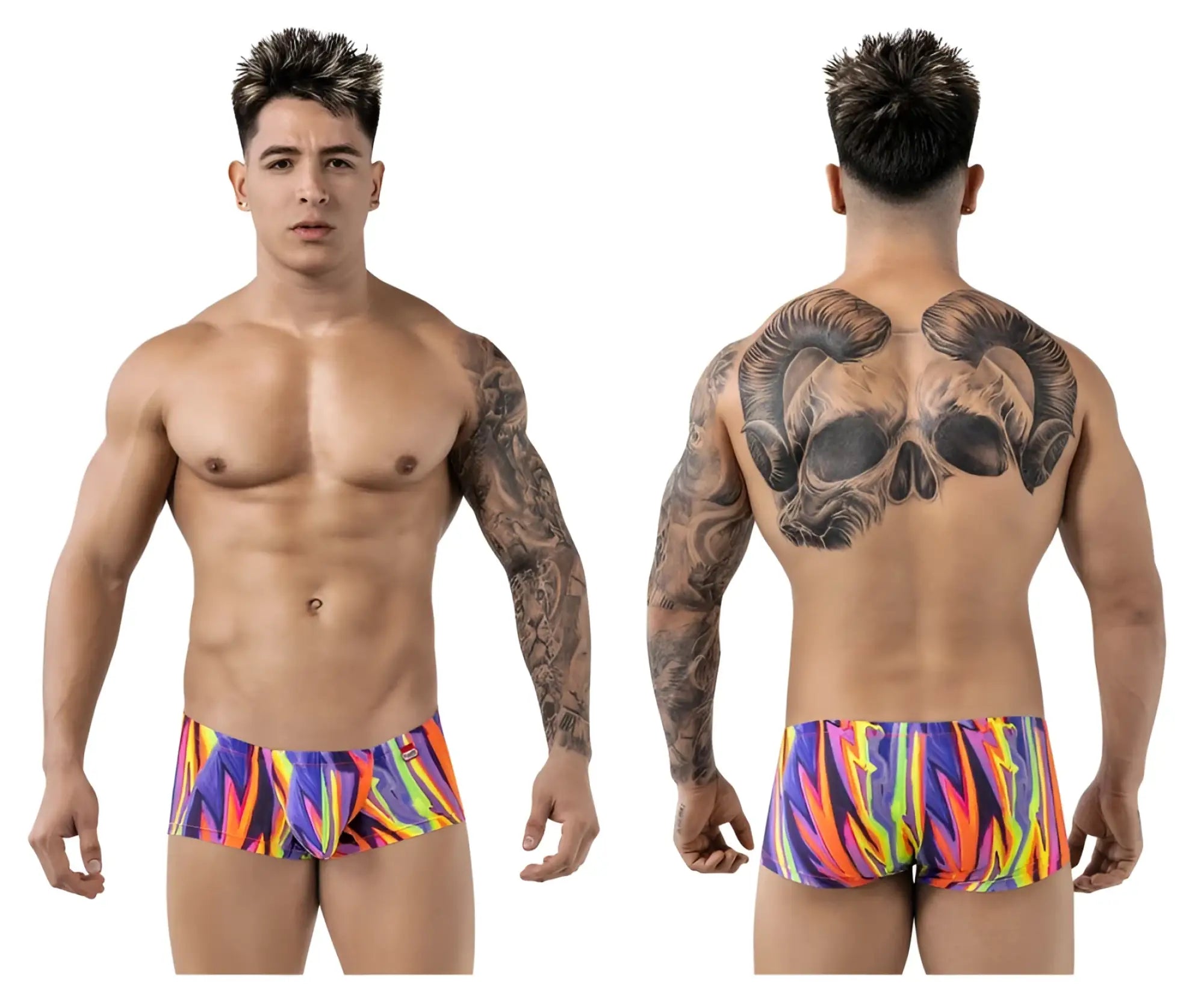 Vibrant pikante pik 1828 abstract trunks color purple featuring multicolored flame pattern in bold neon hues
