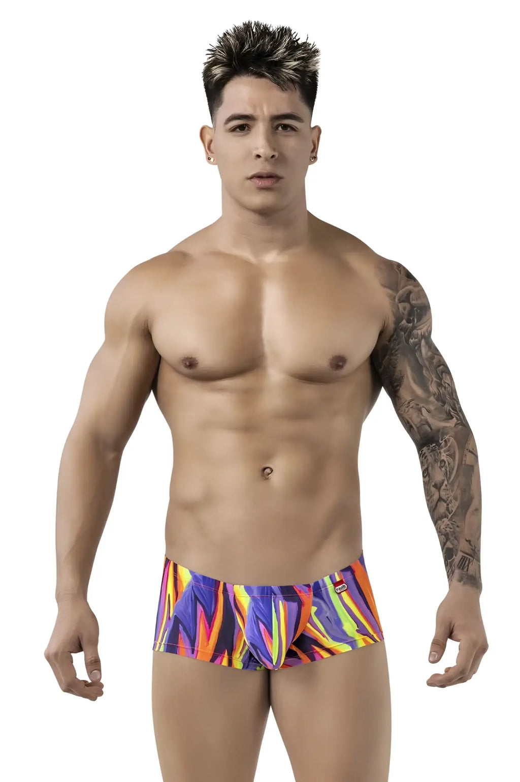 Vibrant pikante pik 1828 abstract trunks in purple with multicolored bold geometric patterns for swimwear use