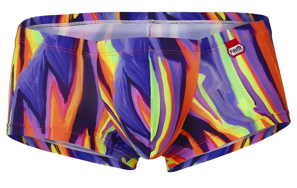 Vibrant pikante pik 1828 abstract trunks in purple with neon orange yellow and green bold swimwear pattern
