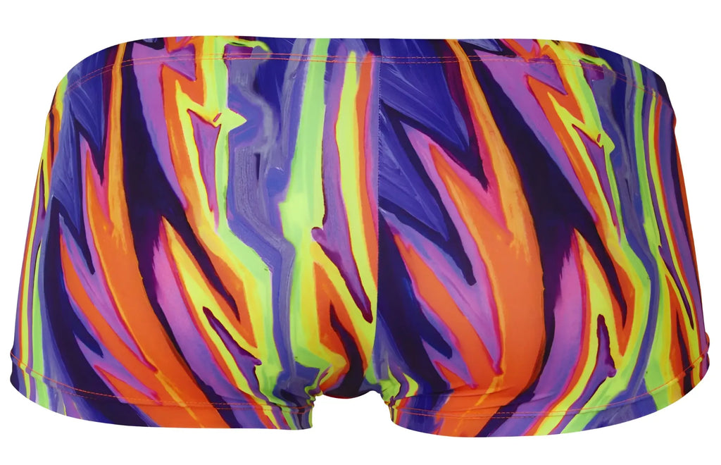 Vibrant neon-colored pikante pik 1828 abstract trunks in purple with bold flame-like pattern for swimming use
