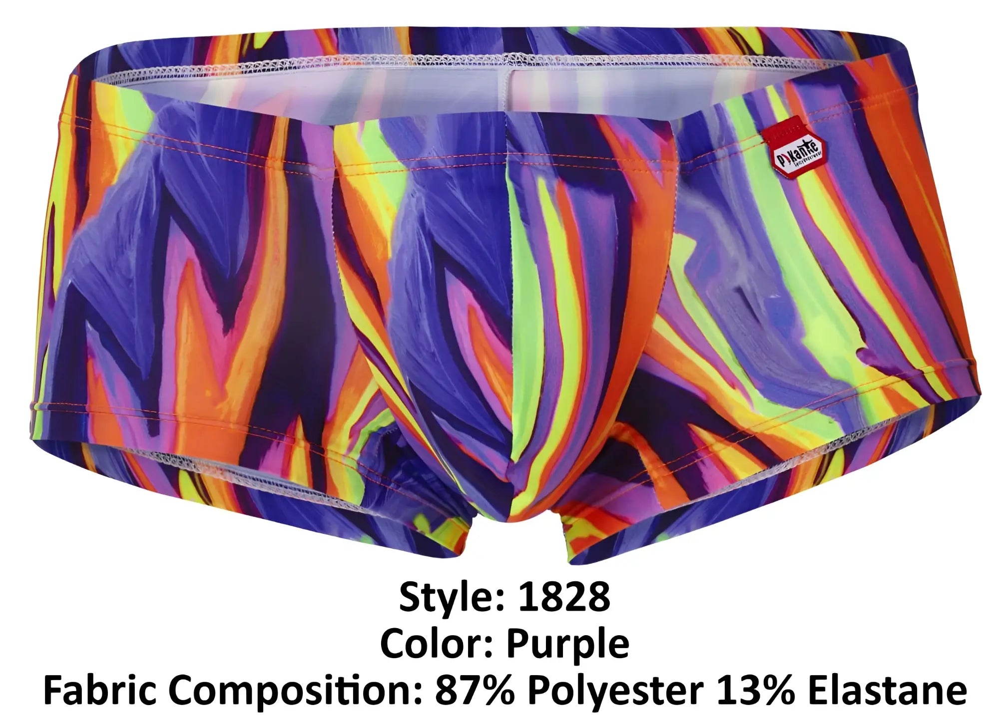 Vibrant purple pikante pik 1828 abstract swim trunks with neon orange yellow and electric blue flame pattern
