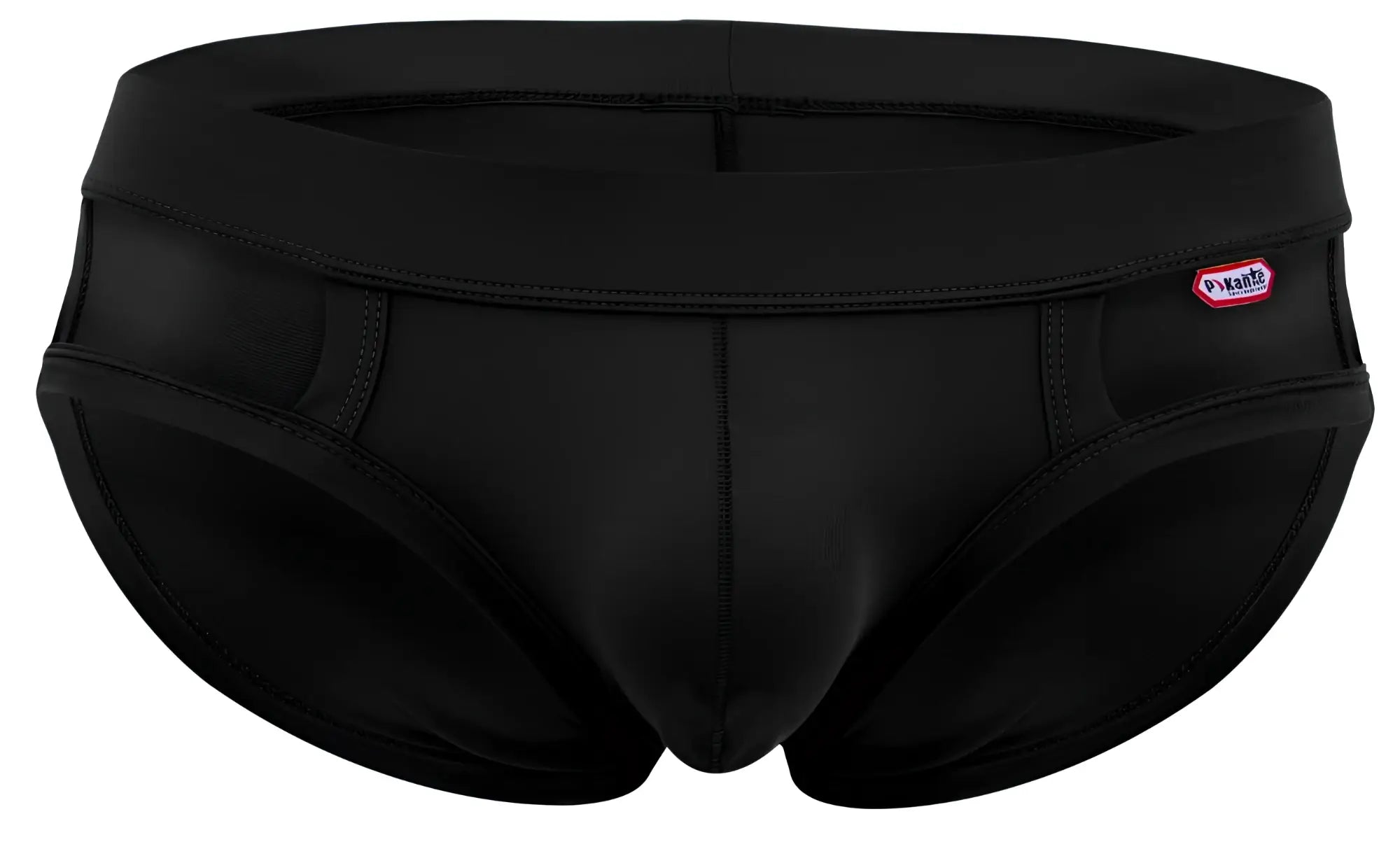 Pikante pik 2114 lenox briefs black swim trunks with smooth form-fitting design and red white brand tag on waistband