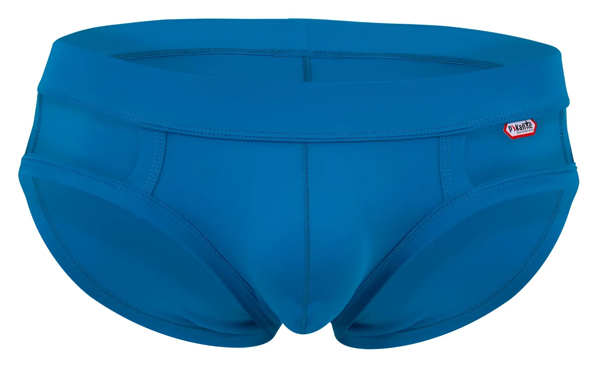 Bright blue pikante pik 2114 lenox briefs men’s swim trunks with snug contoured fit and red brand tag on waistband