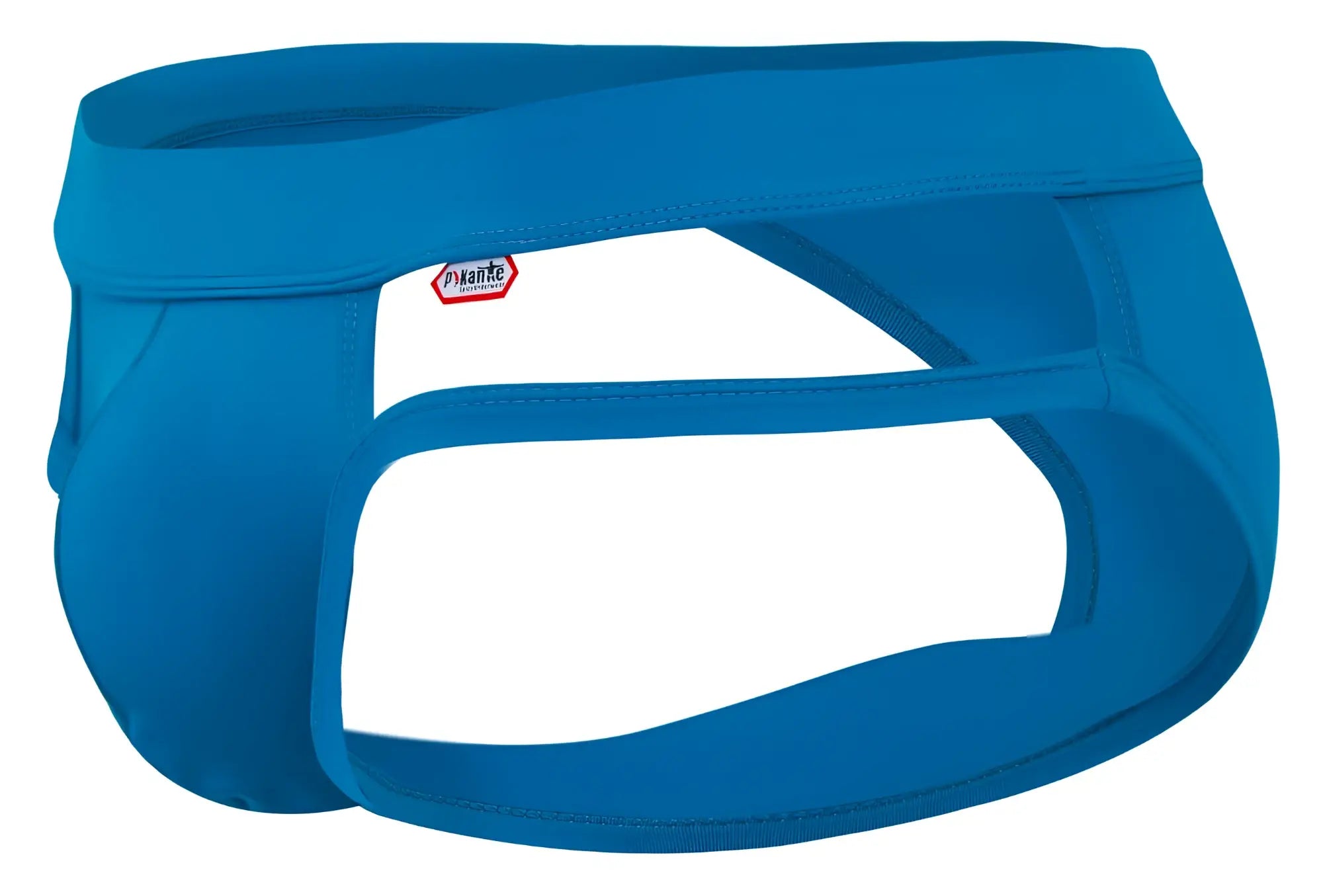 Bright blue form-fitting pikante pik 2114 lenox briefs with white panel and red mante logo on waistband