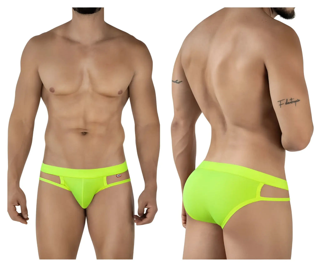Neon green pikante pik 2114 lenox briefs featuring athletic cut with side cutouts and branded waistband logo