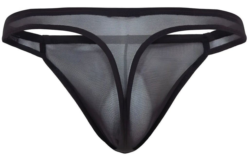 Black mesh thong with solid black elastic waistband and trim from Pikante PIK 2115 amusing thongs collection