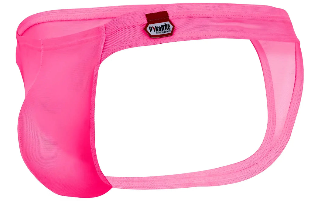 Bright pink sheer mesh men’s briefs with red and white dyante label from pikante piks 2115 amusing thongs