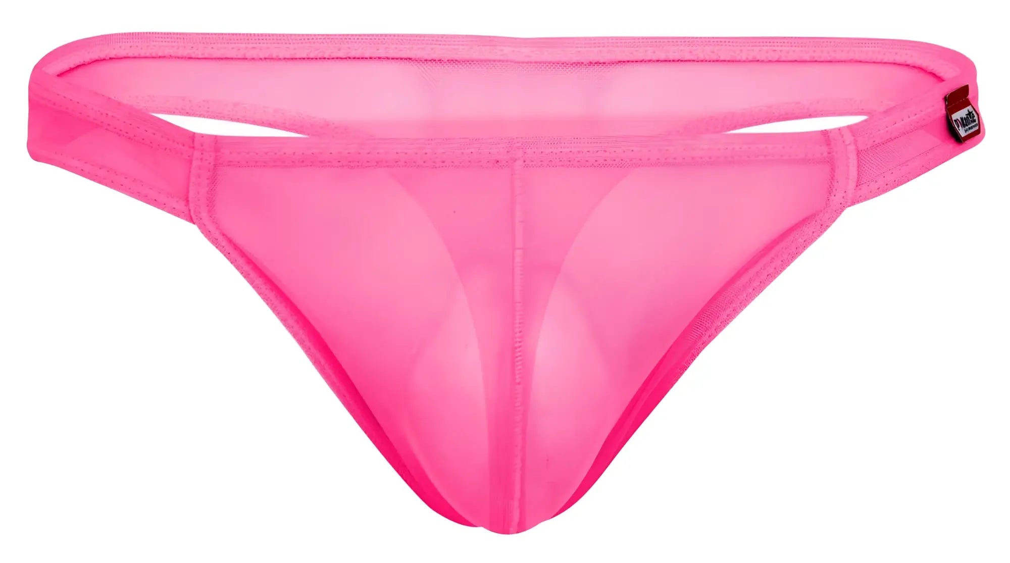 Bright pink sheer mesh thong with a red and black pikante brand tag on the right hipband back side