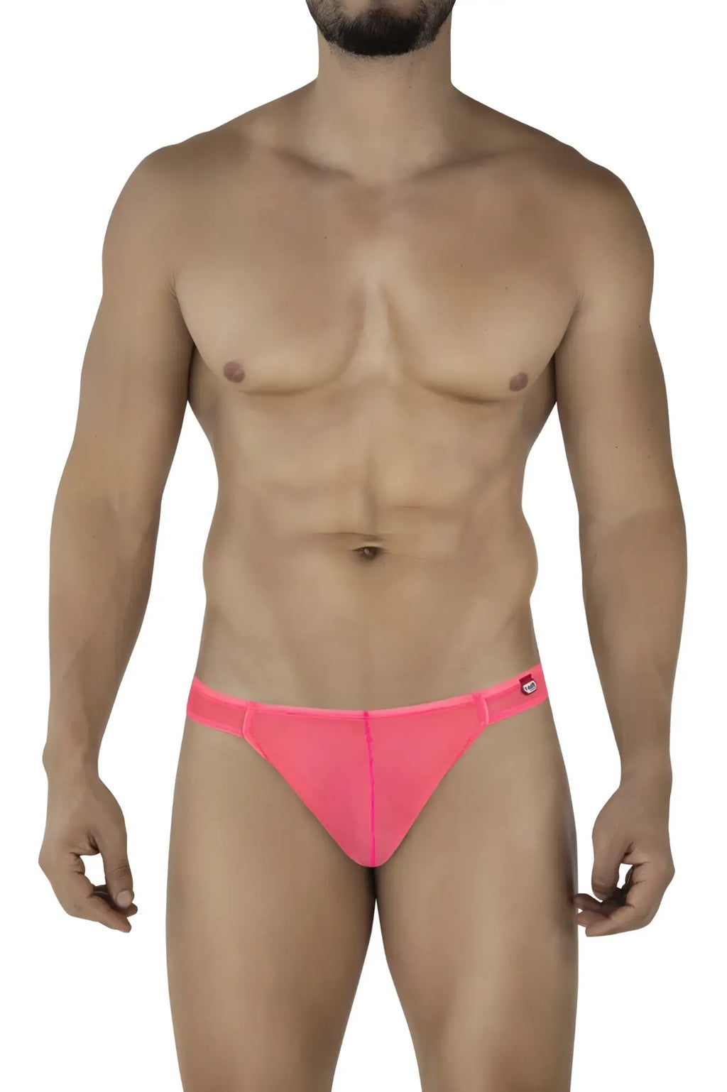 Bright pink form-fitting swim trunks with sleek modern design and small logo on waistband pikante piks 2115 amusing thongs