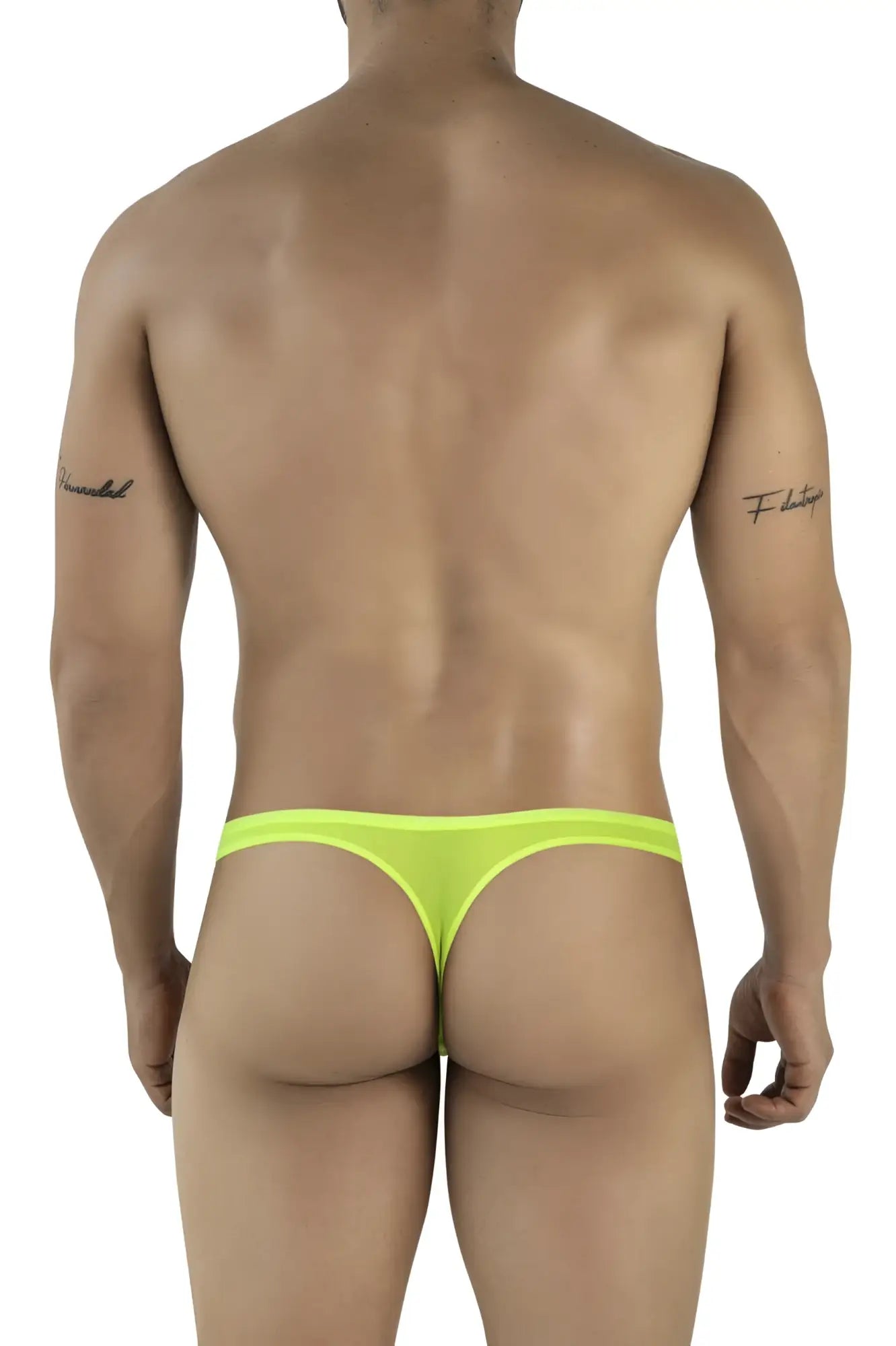 Bright neon green pikante PIK 2115 amusing thong made of stretchy sheer fabric shown from the back side