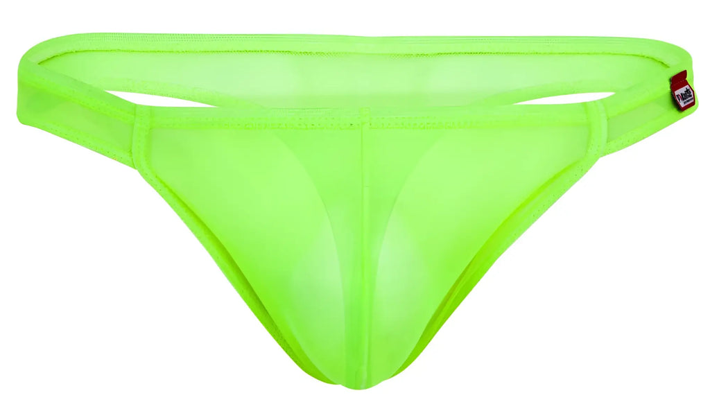 Neon green sheer mesh thong with red and white pikante brand tag on waistband from pikante PIK 2115 amusing thongs