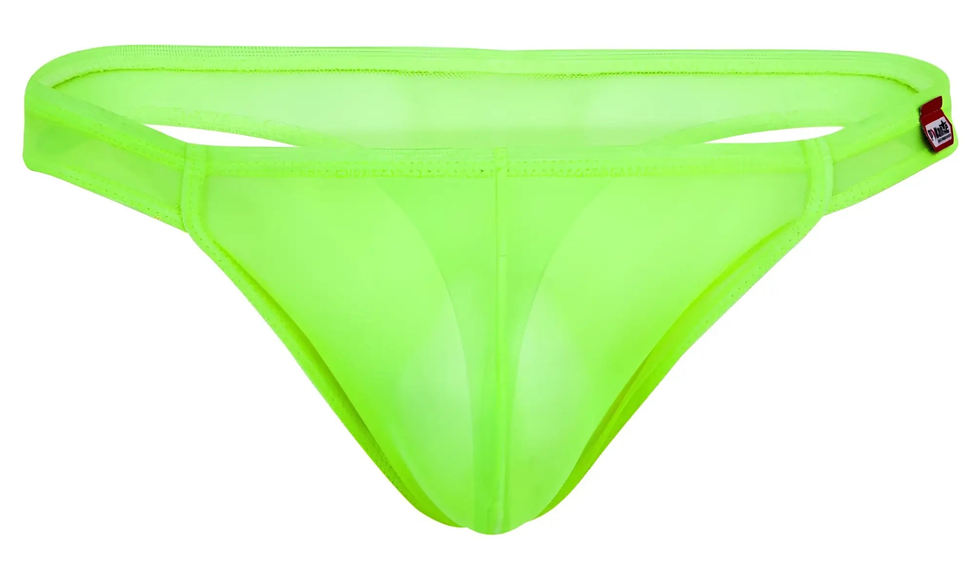 Neon green sheer mesh thong with red and white pikante brand tag on waistband from pikante PIK 2115 amusing thongs