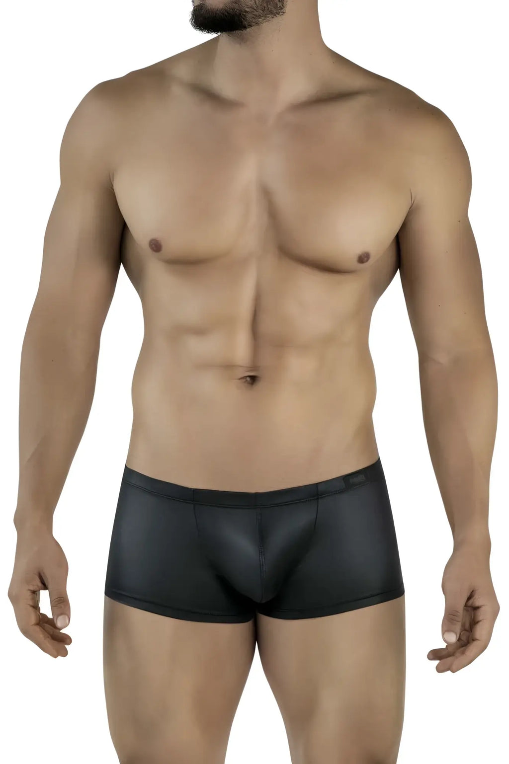 Black sleek form-fitting pikante pik 2116 candy trunks briefs with a smooth glossy finish