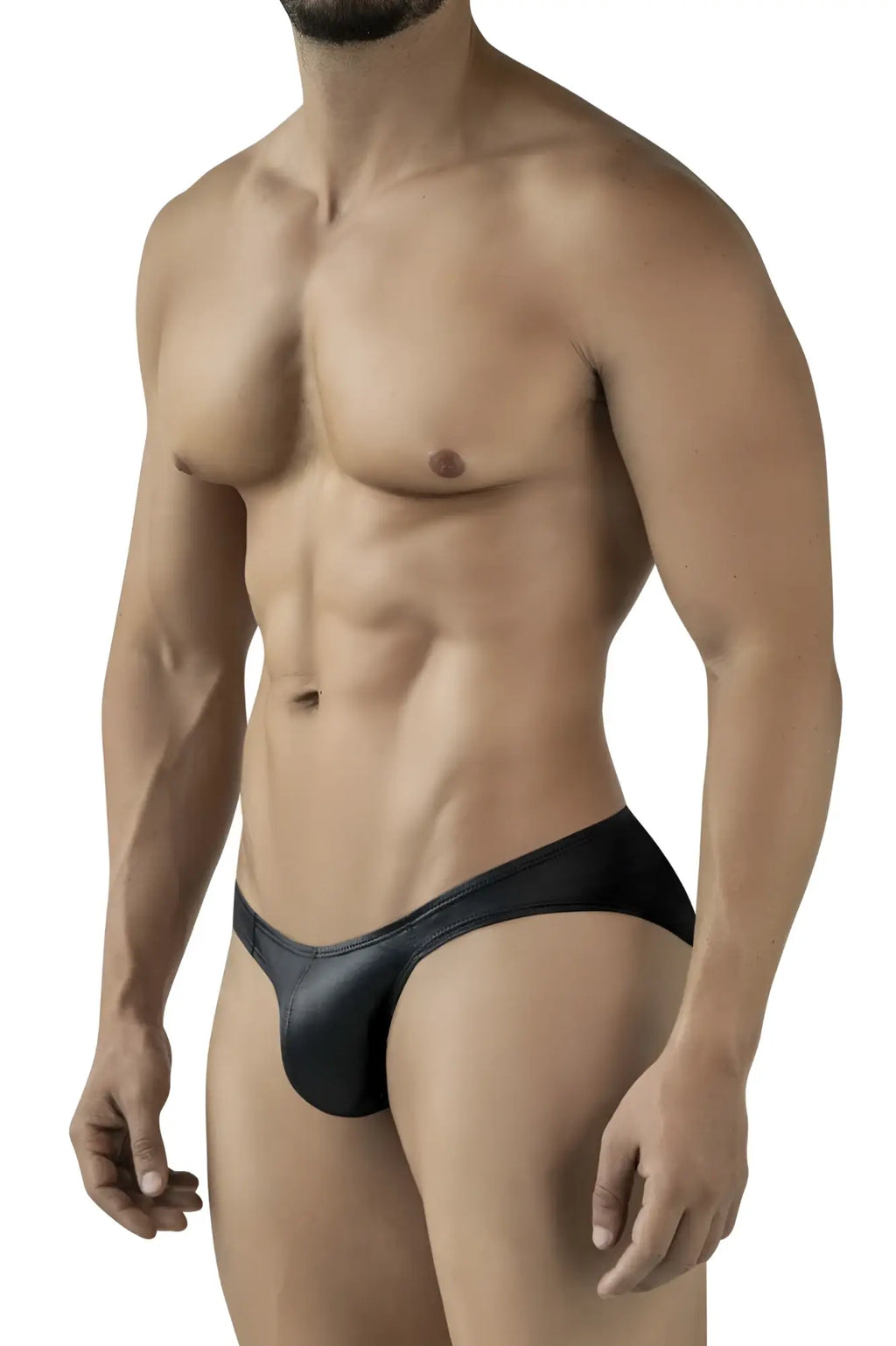Black sleek form-fitting men’s briefs with smooth glossy finish pikante pIK 2117 candy briefs front view