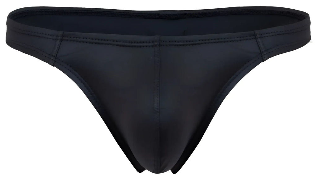 Black glossy-finish seamless stretchy thong from pikante pik 2119 candy thongs collection in black shown from the back
