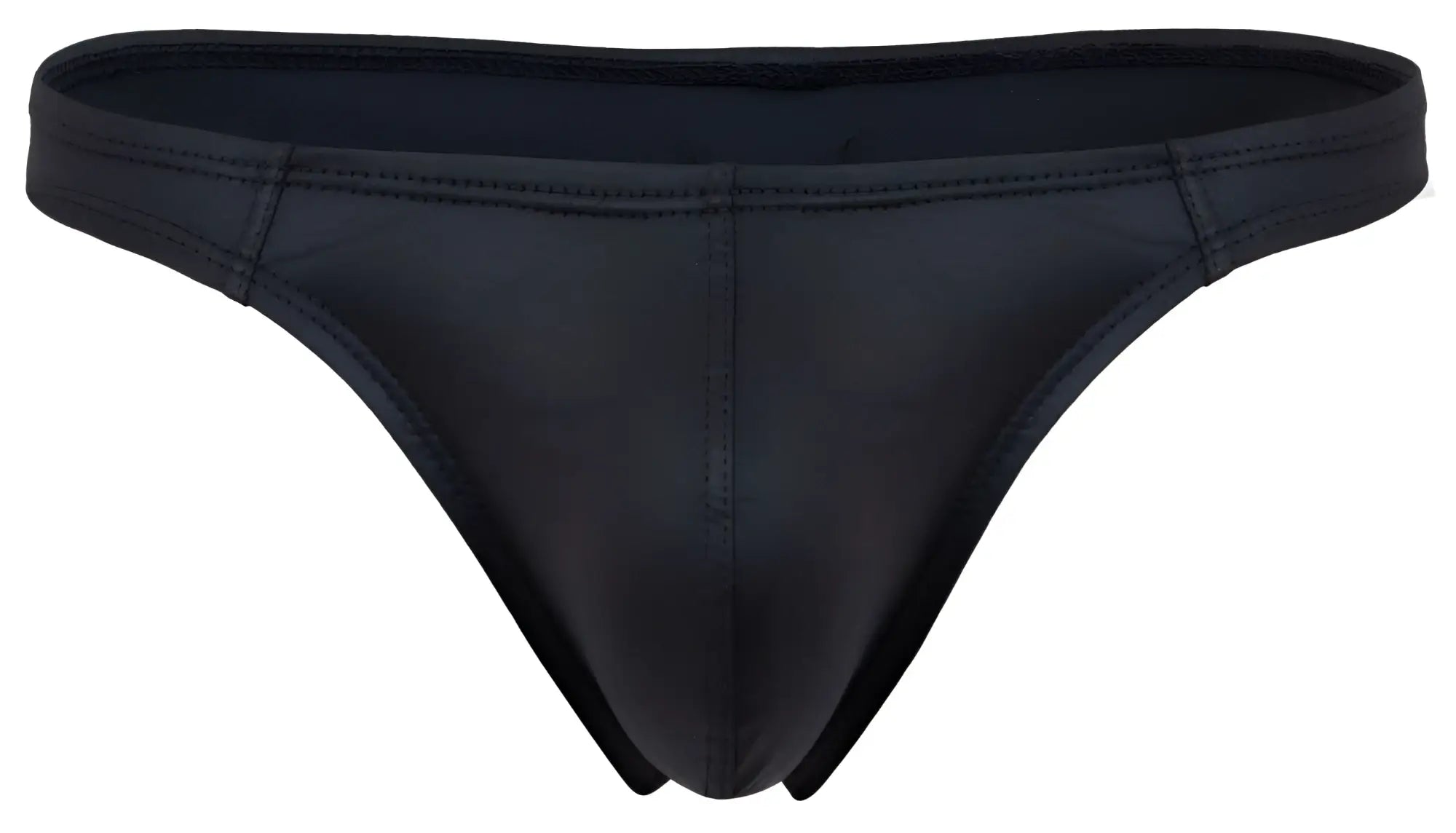 Black glossy-finish seamless stretchy thong from pikante pik 2119 candy thongs collection in black shown from the back