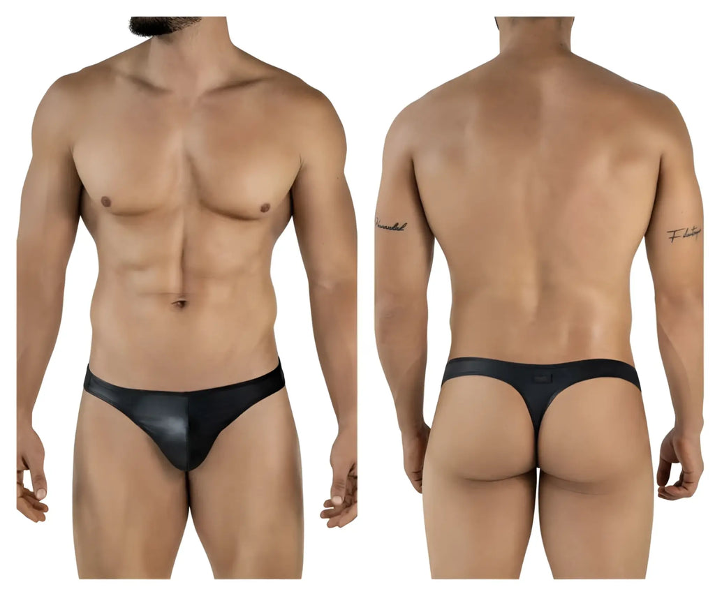 Black leather thong with sleek glossy finish and minimalistic design from pikante pik 2119 candy thongs collection