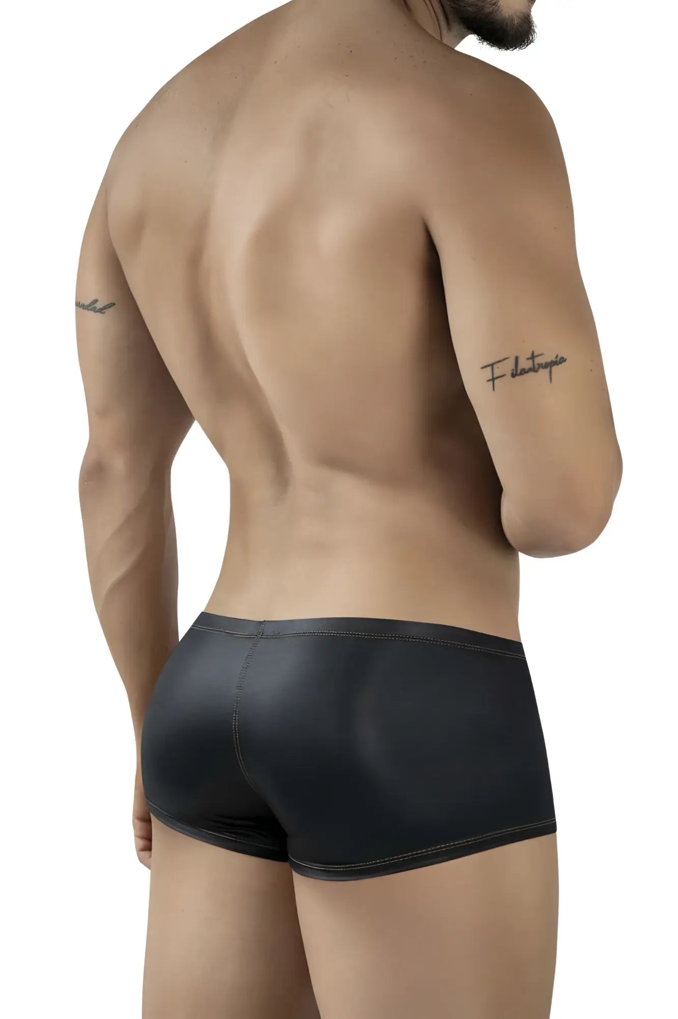 Black glossy faux leather pikante PIK 2120 gold cup trunks with sleek form fitting design shown from front