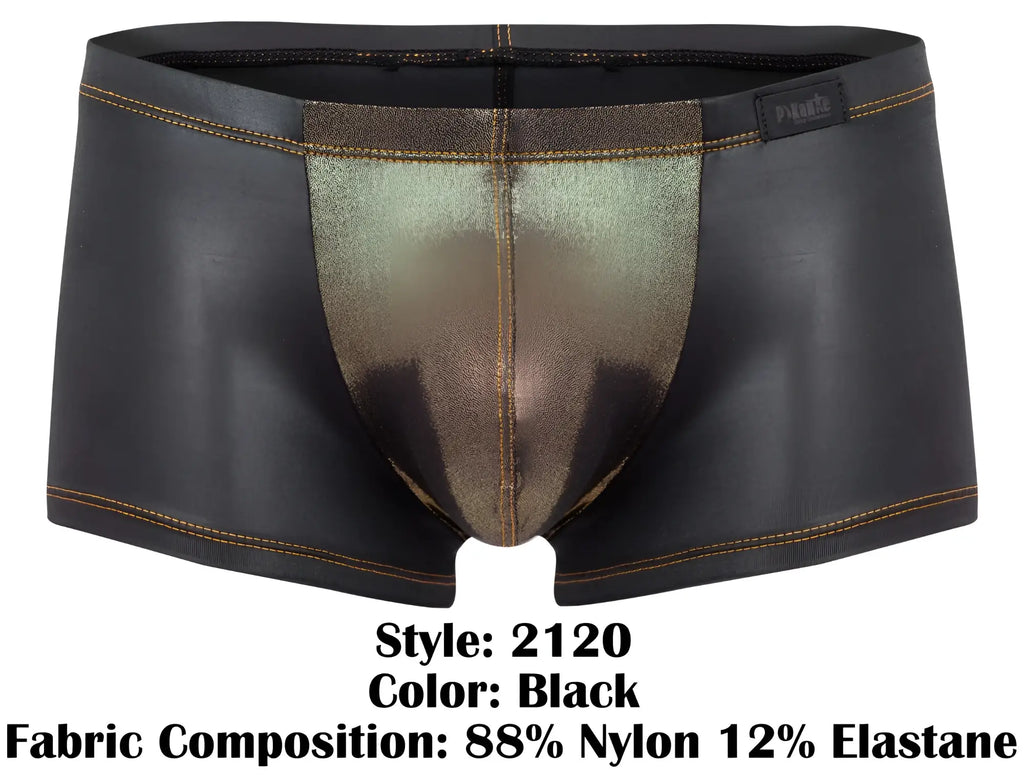 Black men’s briefs pikante pik 2120 gold cup trunks with metallic gold panel reinforced stitching and branded waistband