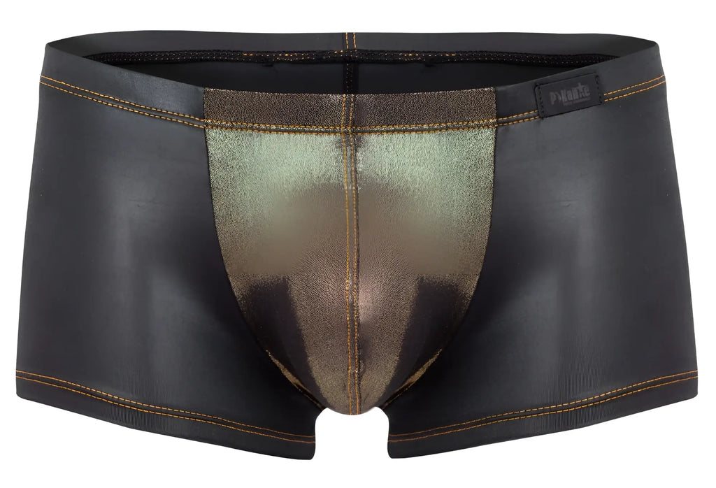 Pikante pik 2120 gold cup trunks black men’s briefs with metallic gold shimmer faux leather and contrasting stitching