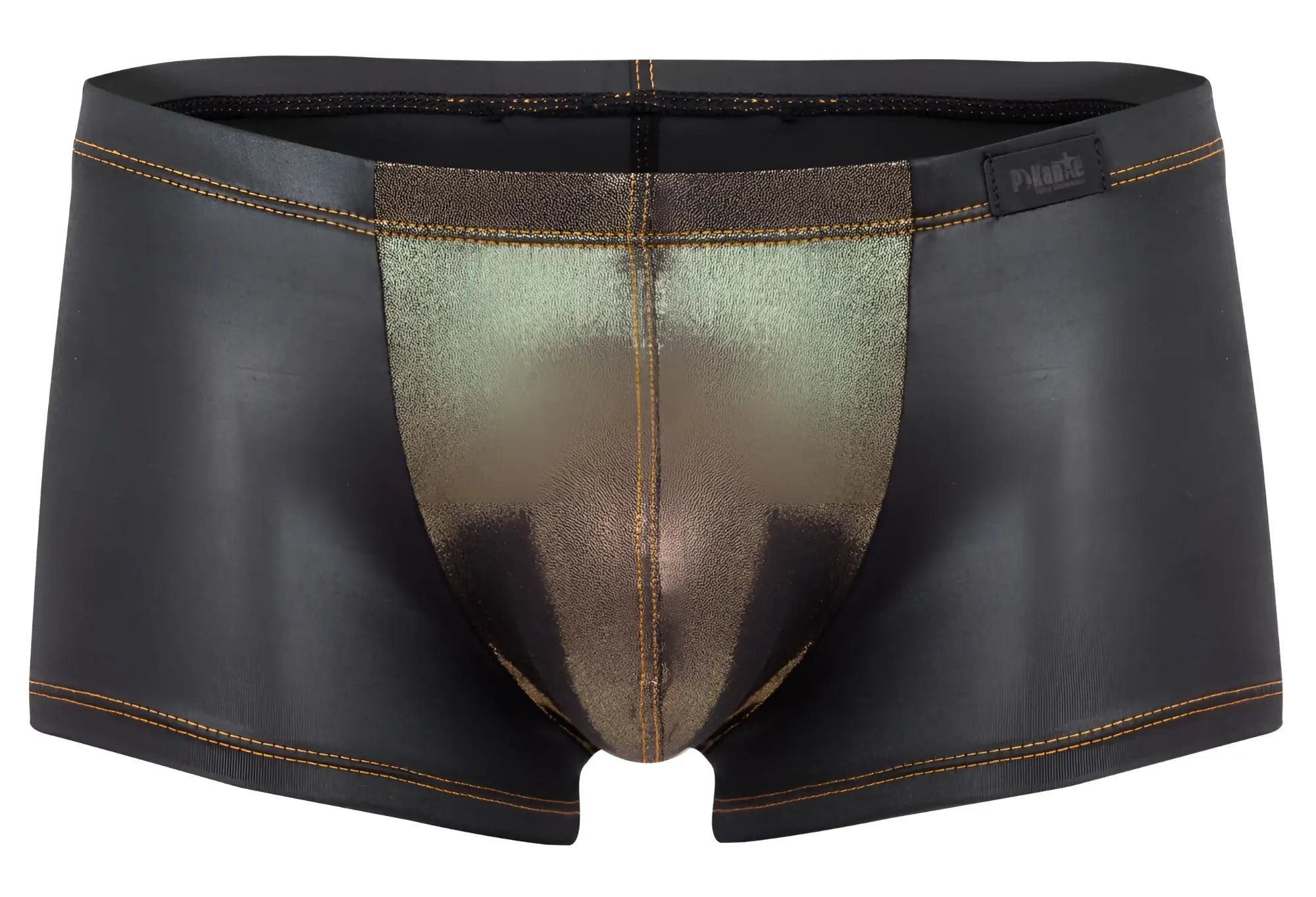 Pikante pik 2120 gold cup trunks black men’s briefs with metallic gold shimmer faux leather and contrasting stitching