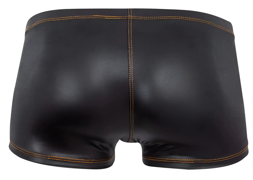 Black shiny faux leather pikante pik 2120 gold cup trunks with contrasting tan stitching along the seams