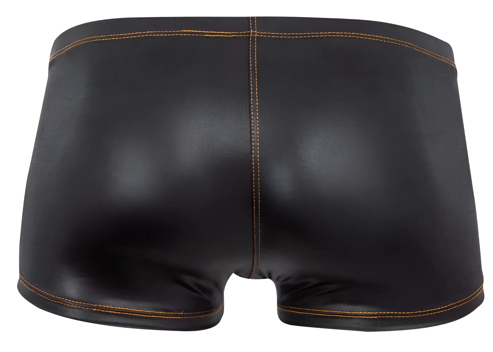 Black shiny faux leather pikante pik 2120 gold cup trunks with contrasting tan stitching along the seams