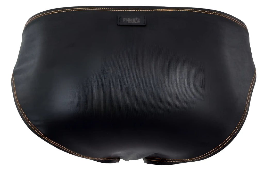 Black leather-backed pikante PIK 2121 Gold Cup briefs with tan stitching and a small rectangular brand tag