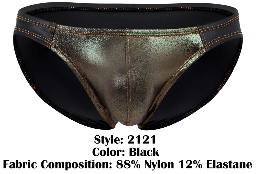 Pikante PIK 2121 gold cup briefs black metallic bikini bottom with shiny reflective surface and black elastic trim