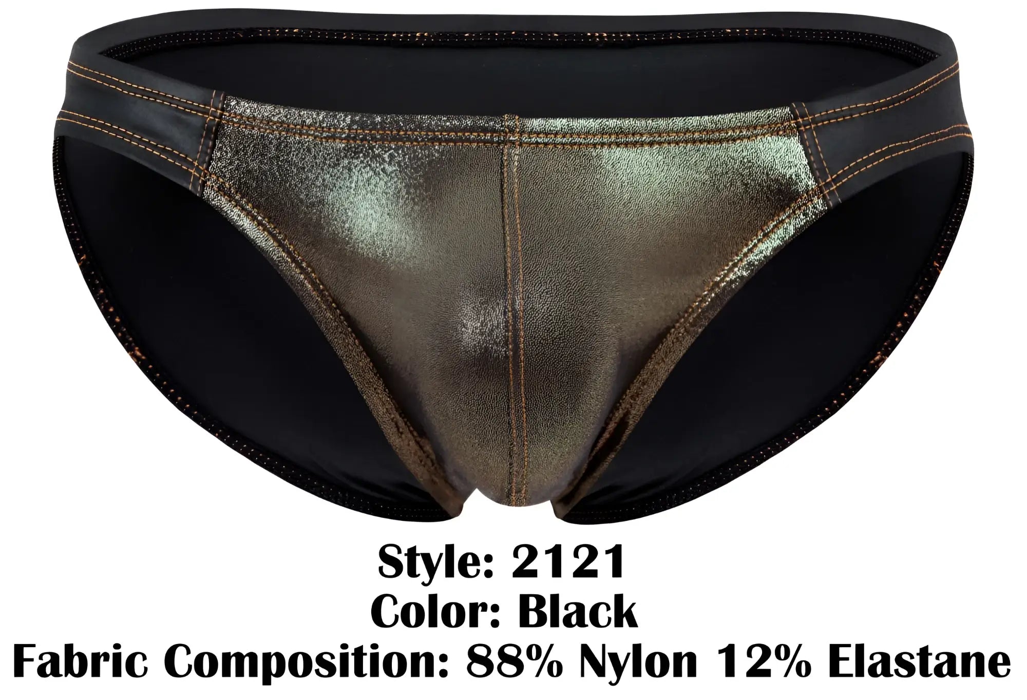 Pikante PIK 2121 gold cup briefs black metallic bikini bottom with shiny reflective surface and black elastic trim