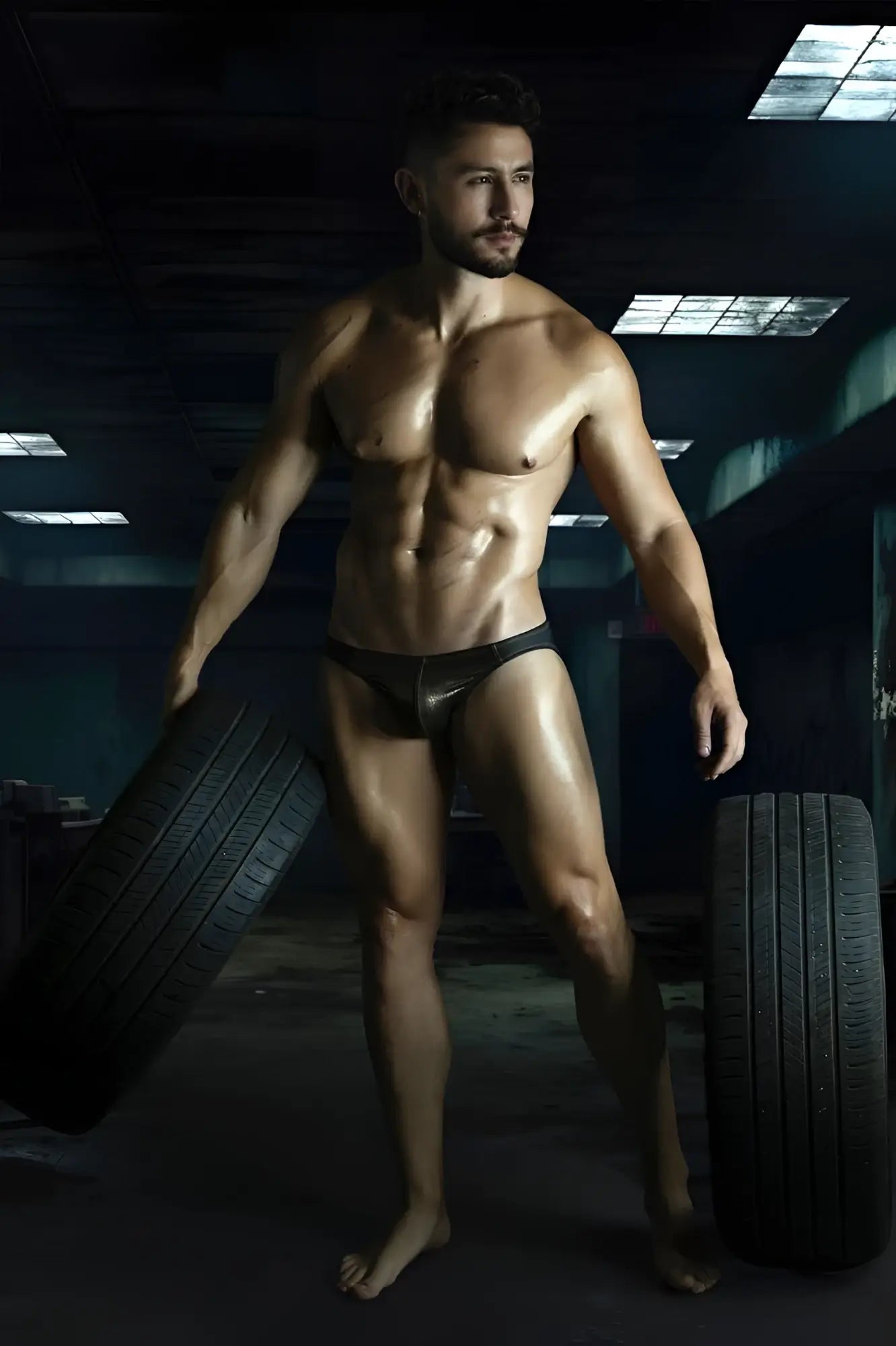 A muscular man stands barefoot between tires wearing black shiny form-fitting Pikante PIK 2121 Gold Cup briefs