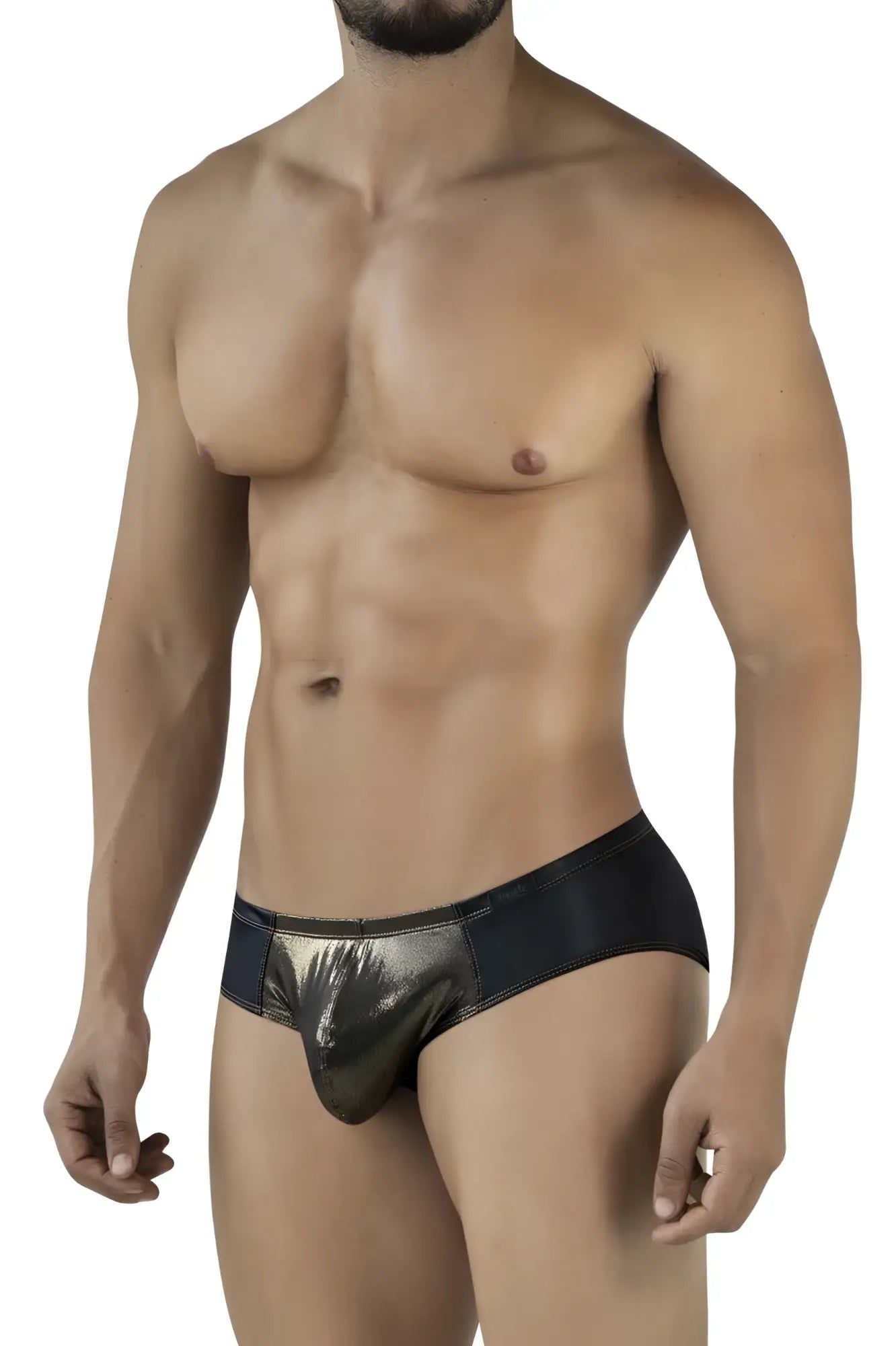 Pikante PIK 2122 gold cup briefs in black with shiny metallic gold and reflective finish front view