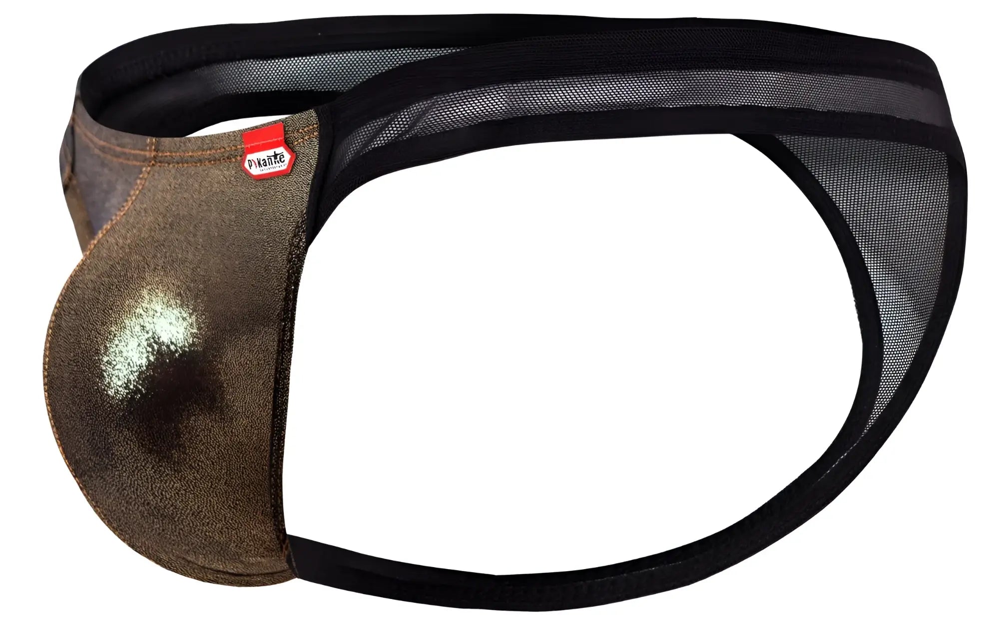 Bronze metallic mesh thong with black elastic waistband and pikante brand tag from pik 2123 gold cup thongs collection