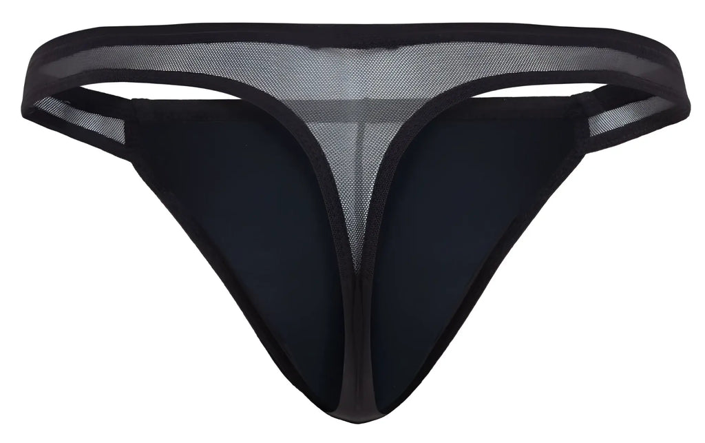 Black mesh thong with solid black fabric front and trim from pikante pik 2123 gold cup thongs collection