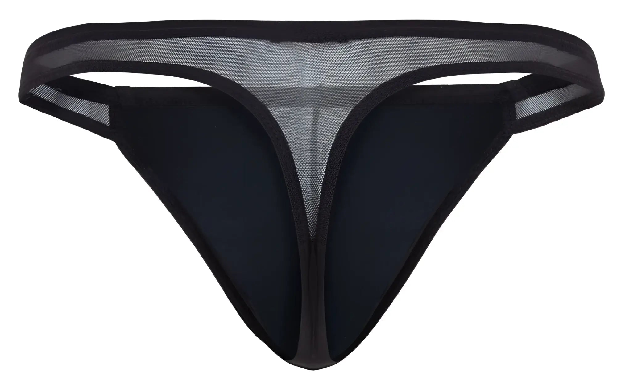 Black mesh thong with solid black fabric front and trim from pikante pik 2123 gold cup thongs collection