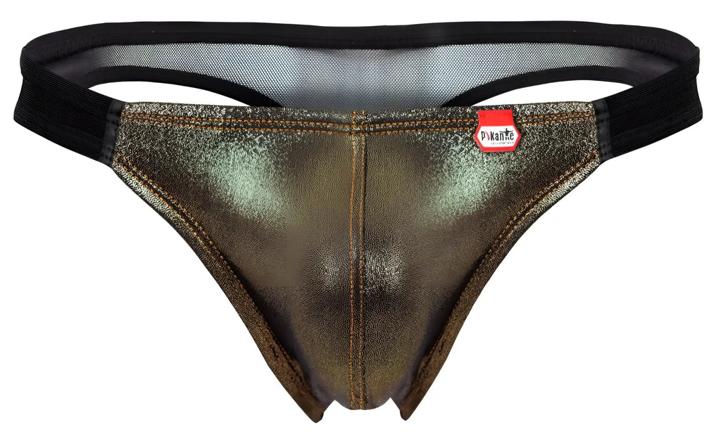 Pikante pik 2123 gold cup thong in metallic bronze fabric with black elastic waistband and red brand tag