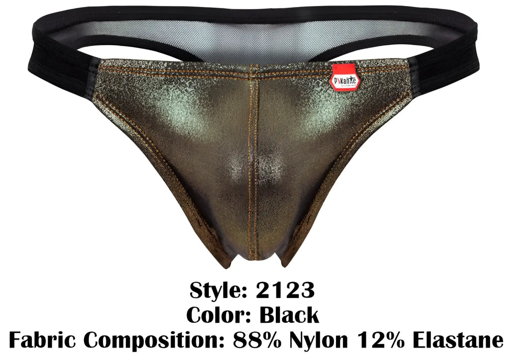 Pikante pik 2123 gold cup thong in black metallic finish with subtle sheen and reinforced stitching along seams