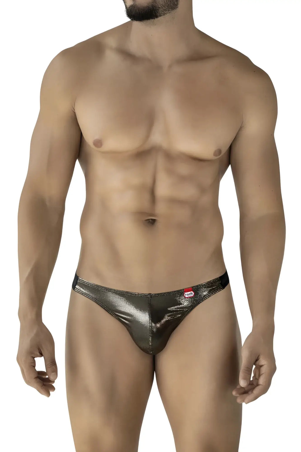 Shiny metallic silver thong with sleek form fitting design and red tag on waistband from pikante PIK 2123 Gold Cup thongs black
