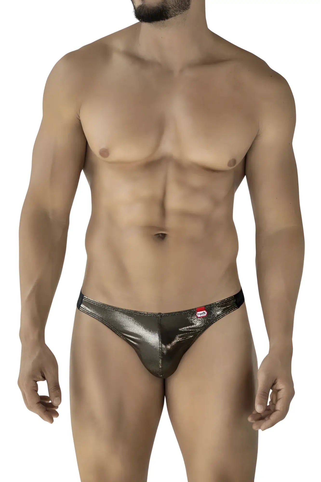 Shiny metallic silver thong with sleek form fitting design and red tag on waistband from pikante PIK 2123 Gold Cup thongs black