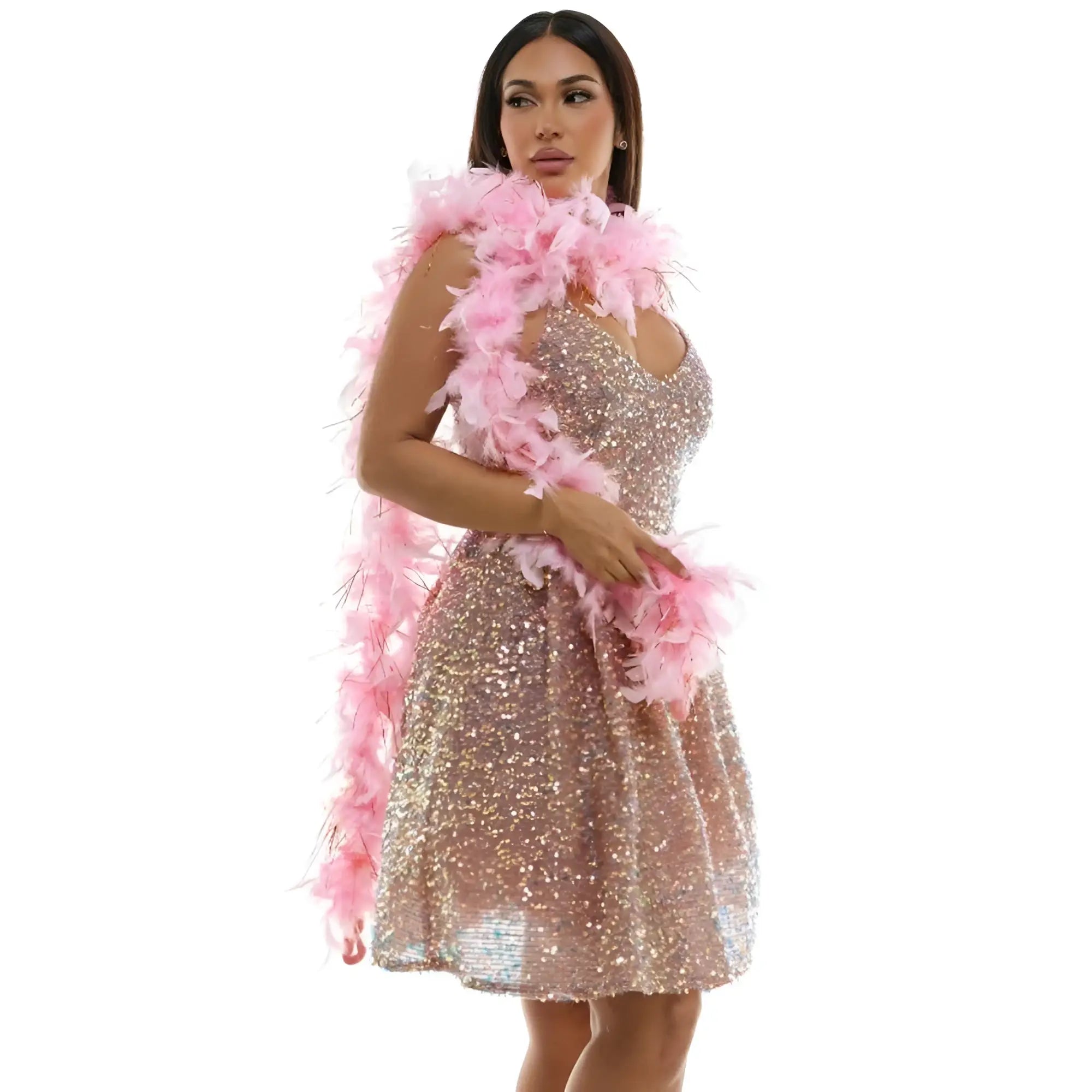 A shimmering rose gold sequined mini dress with v-neckline and flared skirt accessorized by a soft pink feather boa