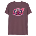 Maroon heathered cotton t-shirt with vibrant pink and purple neon graphic of the pink pony club building