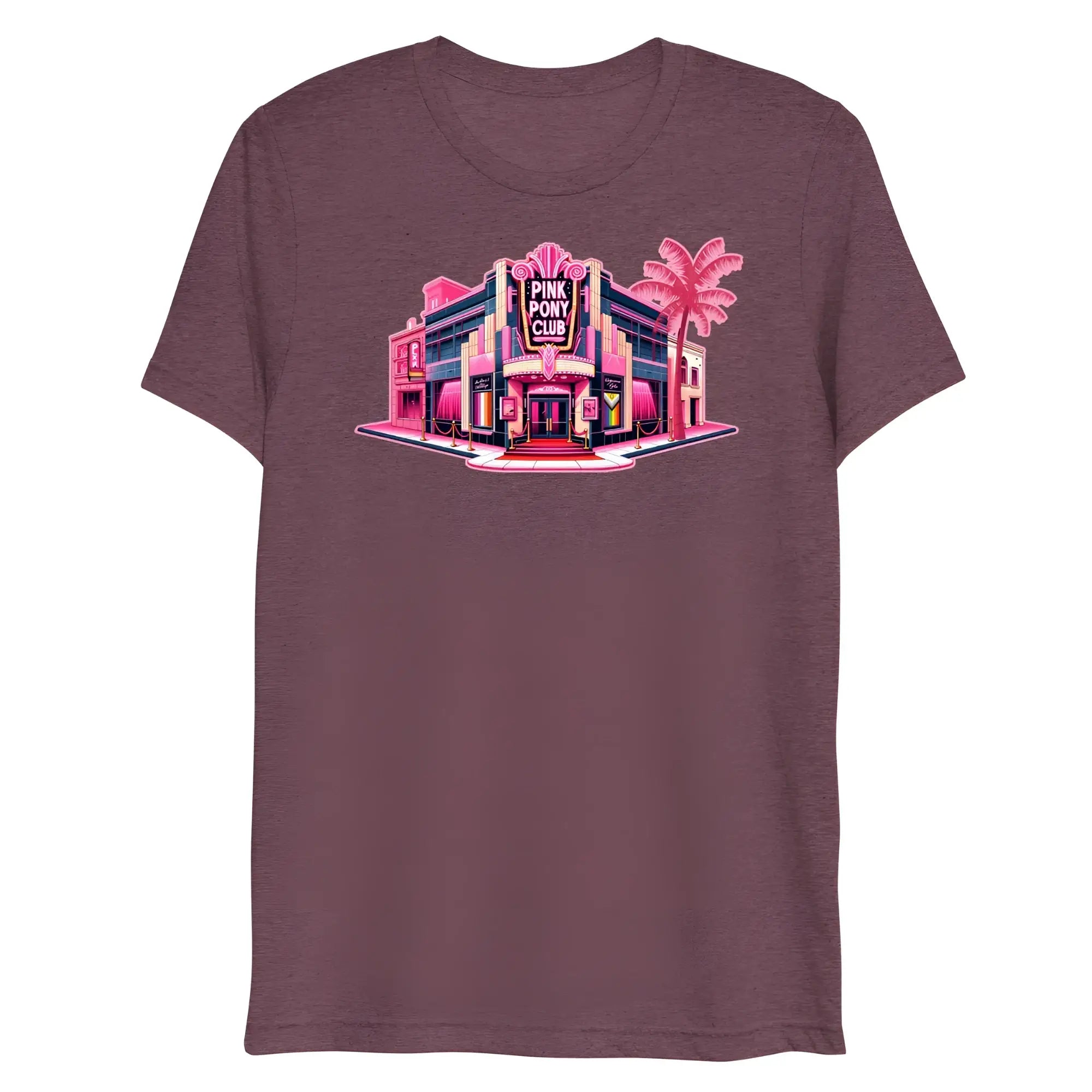 Maroon heathered cotton t-shirt with vibrant pink and purple neon graphic of the pink pony club building