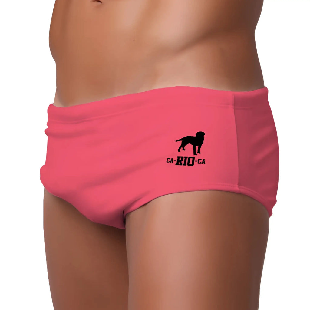 Bright pink men’s swimming sunga with black dog silhouette and ca-rio-ca text designed for beachwear